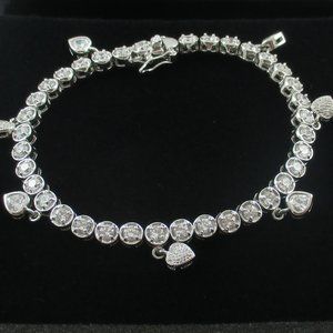 Sterling Silver Diamonique Simulated Diamond Dangling Heart Tennis Bracelet